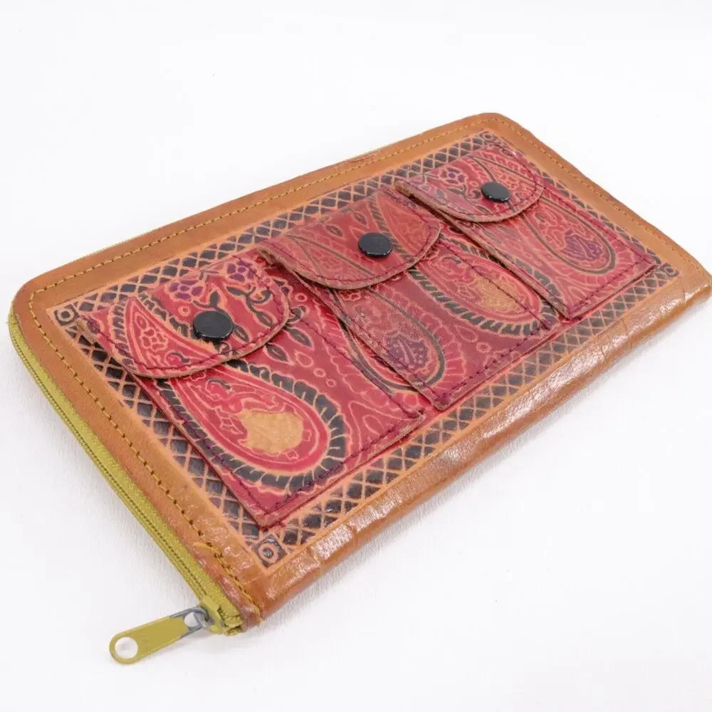 Bohemian Style Wallet Women Red Paisley Leather Tri Pocket Clutch Zip Cards